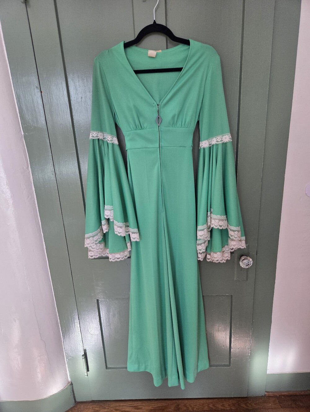 VINTAGE Teal Pallazzo Jumpsuit Bell Sleeves Small